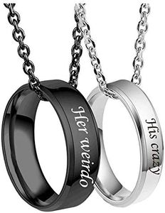 MJartoria Matching Necklaces for Couples-His and Her Engraved Ring Pendant Necklaces Anniversary Valentines Day Gifts for Boyfriends Girlfriends, Stainless Steel, No Gemstone