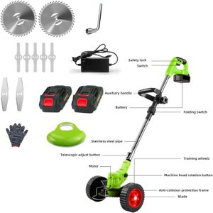Cordless Electric Grass Strimmer 21V – 2 Batteries, Adjustable Blades, Telescopic Lightweight Garden Trimmer with Roller, Green