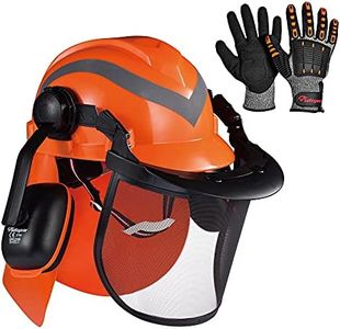 SAFEYEAR Forestry Chainsaw Safety Helmet con Orejeras Ajustables 27SNR, Guantes Resistentes a los Impactos Gratis, Visera de Malla. El Casco Tiene certificación EN397 Trabajos forestales, Industria.