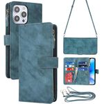 ELTEKER Compatible with iPhone 15 Pro Max Crossbody Wallet Case with Shoulder Strap Lanyard Card Holder Zip Pocket, Premium Leather Flip Kickstand Wallet Case for iPhone 15 Pro Max (6.7 Inch) - Blue