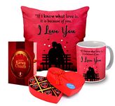 Midiron Romantic Karva Chauth Presents, Best Karwachauth Gift Combo for Wife/Husband/Womens (Chocolate Box With Greeting Card, Quote Printed Mug And Cushion Gift For Wife, Special One)