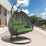 OMCCO 2 Seater Hanging Swing Chair with Polyster Green Cushion with Stand for Kid's & Adults, Home, Balcony, Indoor, Outdoor, Garden(Black Rattan & Green Cushion)