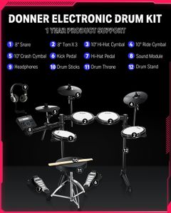 Donner DED-200 Lite Electronic Drum Kit – 450 Sounds, USB MIDI, Mesh Pads, Headphones, Sticks, 40 Lessons