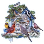 Bits and Pieces - 750 Shaped Piece Jigsaw Puzzle for Adults 55.8cm x 66 cm - Winter Bird Feeder - 750 Shaped pc Snowy Birdhouse Jigsaw by Artist Russel Cobane