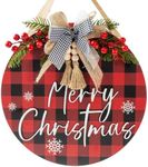 Merry Christmas Wreaths 12'' Welcome Sign for Front Door Decor Buffalo Plaid Xmas Decorations for Porch Rustic Holiday Wall Hanger for Home Indoor & Outdoor