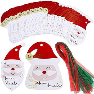 MonQi 100pcs Super Mignon “From Santa" Étiquettes de Cadeau de Noël avec 100 Rubans Rouges et Verts, Étiquettes en papier de Noël pour Pour la Décoration du Cadeau de Noël pour les Enfants