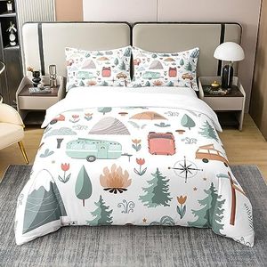 Kids Camper Theme 100% Cotton Duvet Cover King, Happy Camping Bedding Set, Travel Car Rv Accessories Comforter Cover, Botanical Flowers Mountain Adventure Quilt Cover, Cute Camper Bedspread Cover