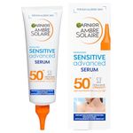 Garnier Ambre Solaire SPF 50+ Sun Protection Serum Face & Body, Non-Sticky, Non-Greasy Fluid Texture, No White Cast, Sensitive Advanced, 125 ml