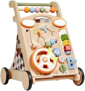 GROWNSY Wooden Baby Walker with Wheels Adjustable Speed, Baby Push Walker with Detachable Busy Board 7 Different Montessori Toys, Baby Gifts & New Parents Gifts for Boys & Girls (Wood Color)