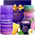 Orca Beauty 8-Pcs Shower Steamers Aromatherapy & Scented Candle - Birthday Self Care Relaxation Gifts for Women, Pampering Shower Bombs Aromatherapy, Spa Day Essentials, Christmas Purple Gift Bundle