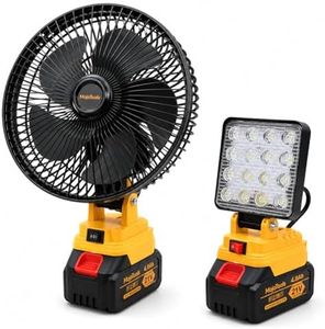 MoJoTools 21V Cordless Camping Fan & LED Work Light Combo Kit — 9-Inch Portable Job Site Fan with Stepless Speed, 4.0Ah Battery & Charger Included, for Camping, Outdoor (Yellow Black Fan Light Set)