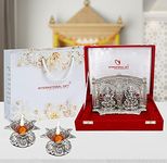 INTERNATIONAL GIFT® Silver Plated Laxmi Ganesh God Idol Statue Oxidized Finish with 2 Piece Jyot with Beautiful Velvet Box Packing and with Carry Bag (15H x 20W x 4.5L Centimeters)