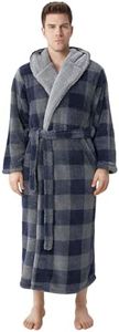 DAVID ARCHY Mens Robe with Hood, Soft Cotton Fleece Hooded Mens Bathrobe（M, Blue Grey Check）