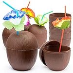 18 Pack Coconut Cups with Flower Straws for Hawaiian Luau Tiki or Beach Themed Party with Twist Close Lids - Fun Party Drink Decorations