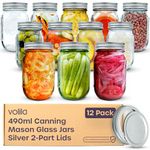 volila Mason Jars with Lids - 12 Pack 490ml Leakproof Glass Jars with Lids for Airtight Seal - Round Mason Jar with Silver 2-Part Lid for Salad, Food Storage, Overnight Oats, Pickling, and Canning