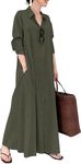 ChangNanJun Women's Basic Loose Fit Long Sleeve Button Up Maxi Shirt Dress with Pockets Army Green M