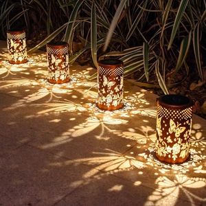 4 Packs Solar Lanterns Outdoor Hanging Lantern Lights, 4 Butterflies Hollowed-Out Metal Decor Lantern, Waterproof LED Decorative Garden Light Gifts