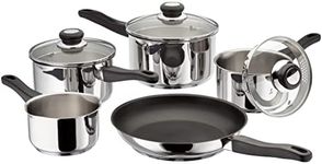 Judge Vista Draining Set of 5 Stainless Steel, 16cm 18cm 20cm Saucepans with Pouring Lip and Strainer Lids, 14cm Milk Pan, 26cm Non-Stick Frying Pan, Induction Ready, Oven Safe