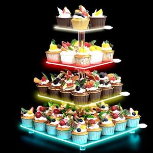 Komokeru 4 Tier Cupcake Stand with LED Light, 7 Color Cup Cake Stand Display Clear Cupcake Tower Holder, Square Tiered Cupcake Stand for Birthday, Baby Shower, Wedding, Tea Party Décor