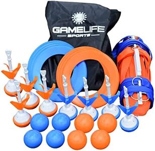 Outdoor Yard Game Premium Bocce Ball Set, up to 60 ft Nylon Court, 8 Bocce Balls, 8 Lawn Darts, 8 Flying Rings, Ground Stakes, Bag. Family Game, Teen, Boys & Girls 15 Years and Older