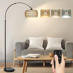 Anyuainiya Dimmable Arc Floor Lamp with Remote Control, Farmhouse Boho LED Floor Lamp with 3 Color Temperature, Adjustable Standing Lamp with Rattan & Fabric Double Drum Shade