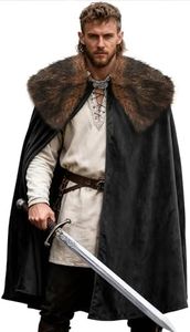 UQJE Viking Cloak with Faux Fur Collar, Medieval Costume Cape, Black