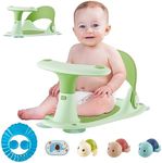 Baby Bath Seat [Original] – 3 Bath Toys + Shower Cap + Bath Brush + Thermometer – 4 Anti-Slip Suction Cups – Soft Silicone Cushion – Foldable Design – Ideal Gift for Infants 6-36 Months! (Green)