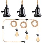 Yilliaw 27FT 3 Light Plug in Pendant Lights with Switch & Hemp Rope, Industrial Hanging Light Kit Pendant Light Cord with E26 Socket, DIY Lamp Cord Fixture for Farmhouse Bedroom Living Room Decor
