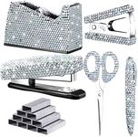 Yunlly 6 Pack Bling Office Stationery Set Desk Accessory Office Set Includes Pen Scissor Stapler Staple Remover 1000 Pcs Staples Tape Dispenser with Diamond Inlay for Office Home Desk (Silver)