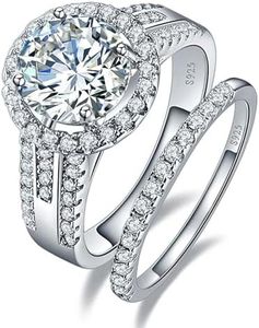 Yaresul 3.45ct Round Halo Women's Engagement Ring Sets 925 Sterling Silver Stackable Half Eternity Wedding Bands Stackable Cubic Zirconia Wedding Bands Rings Women Bridal Set Size 9.5