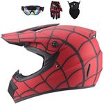 Full Face MTB Helmet ,Red/Spider Web Children and adults Motocross Helmet Set with Goggles Mask Gloves, for Downhill MX AVT Dirt moto Bike (S)