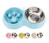 JACKO & CO - Double Slow Feeder - Food and Water Bowls for Pets - for Small and Medium Dogs, Puppies, Cats - Removable Stainless Steel Bowl - Non Slip - Anti Choke - Easy to Use (Blue)