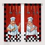 YCness Chef Kitchen Curtain for Window, Fat Chef Cook Theme Kitchen Curtains for Bedroom Living Room, Red Black Buffalo Check Plaid Kitchen Drape 2 Panel Set, 42x45 Inch