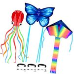 Simxkai 3 Pack Kites-Rainbow Delta Kite, Red Mollusc Octopus Kite, Blue Butterfly Kite Easy to Fly Beach Kites for Kids & Adults, Each Kite with 320ft String Handle