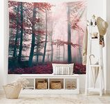 Ambesonne Forest Tapestry, Autumn Season Mystic Foggy Fall Nature and Enchanted Woods Wild Trees Print, Wide Wall Hanging for Bedroom Living Room Dorm, 80" X 60", Brown Grey and Red