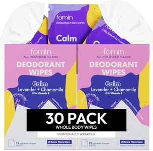FOMIN Travel Deodorant Wipes - 30 Count - Calming Lavender and Chamomile - pH Balanced, Hypoallergenic Mini Deodorant Wipes For Women and Men - Plastic-Free, Individually Wrapped Underarm & Body Wipes