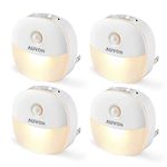 AUVON Plug in Night Light with Motion Sensor and Dusk to Dawn Sensor, Mini Warm White LED Nightlight with 1-50 lm Adjustable Brightness for Bathroom, Hallway, Stairs, Bedroom, Kitchen (4 Pack)