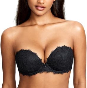 DOBREVA Women's Strapless Bra Push Up Lace Plunge Padded Underwire Bras Add 1 Cup Black 36D