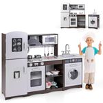 Costzon 2-Piece Play Kitchen, Wooden Toy Kitchen Set with Washing Machine, Range Hood, Ice Maker, Blackboard, Pretend Telephone, Kids Kitchen Playset with Sounds & Lights, Gift for Ages 3+ (Brown)