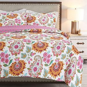 Cozy Line Home Fashions Pink Orange Flower Burst Leaf Paisley Bloom Reversible Quilt Bedding Set, Bedspread, Coverlet Lightweight for All Seasons (Victoria Floral, Queen - 3 Piece)