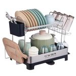 KWER Dish Drying Rack,Large Capacity Dish Drainers, Rustproof Stainless Steel Dish Drainer with Drainboard, Storage Space Saver, Cup & Utensil Holder for Kitchen Counter Over The Sink, Silver