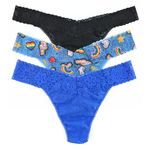 hanky panky, Daily Lace Original Rise Thong 3-Pack, One Size (4-14), Black/Summer Love/Bold Blue, One Size