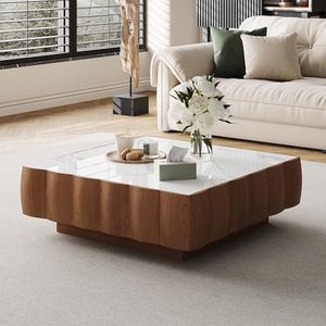 Fully Assembled Square Coffee Table Modern with Storage, 36.2" Toast Shape Luxury Wooden Center Table with Marble Look Table Top, for Living Room, Small Space