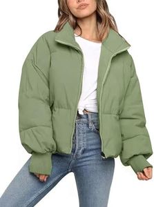 Flygo Women Cropped Puffer Jacket Winter Jackets Lightweight Zip Up Stand Collar Quilted Coats(GreenGrey-M)