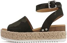 Soda Topic Open Toe Buckle Ankle Strap Espadrilles Flatform Wedge Casual Sandal, Camouflage, 7 US