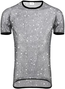 Fishnet Tshirt Men,See Through Grey Mens Fishnet Tee Shirt Short Sleeve,Mesh Top Men(Grey 2XL)