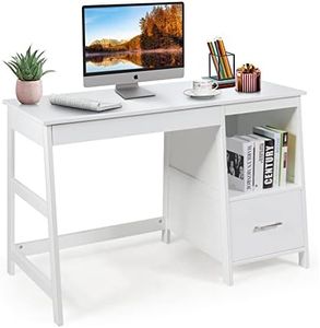 Computer Desk, Wooden Writing Table, 120 x 50cm Spacious Desktop & 2 Storage Drawers & 1 Open Shelf, Modern Home Office Desk with Footrest, Multipurpose Computer Workstation Study Desk, for Study Room, Bedroom, White/Black (White)