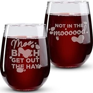 Fun Cow Gifts for Cow Lovers - "Not In The Mood" "Moo, B***h Get Out The Hay" 17 Oz 2PC Stemless Wine Glass Set - Fun Cow Glasses - Cute Cow Stuff, Cow Cups, Cow Tumbler - Cow Themed Gifts for Women