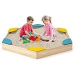 Maxmass Kids Wooden Sandbox, Outdoor Square/Hexagon Sand Pit with Seats, Bottomless Sandpit for Garden Beach Backyard (6 Seats)