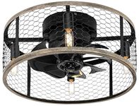 Ohniyou Caged Ceiling Fan with Light - 18'' Low Profile Farmhouse Ceiling Fans with Remote Control, Flush Mount Rustic Ceiling Fan with Reversible Motor for Kitchen Bedroom